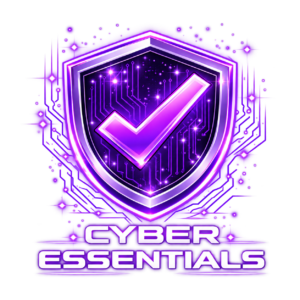 Purple Cyber Essentials shield with a white label and check mark